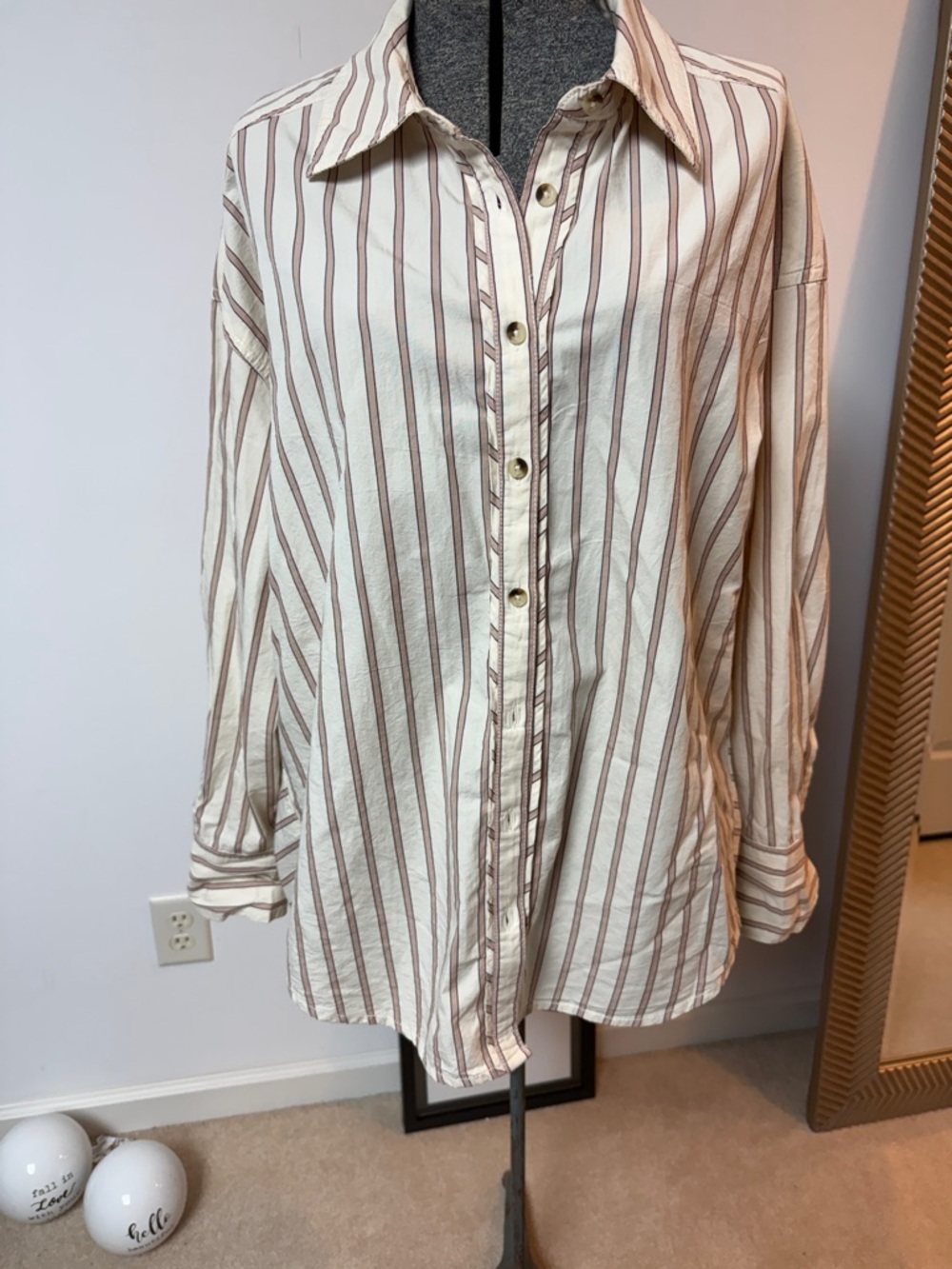 We The Free Cream Shirt with Brown Stripe Detail